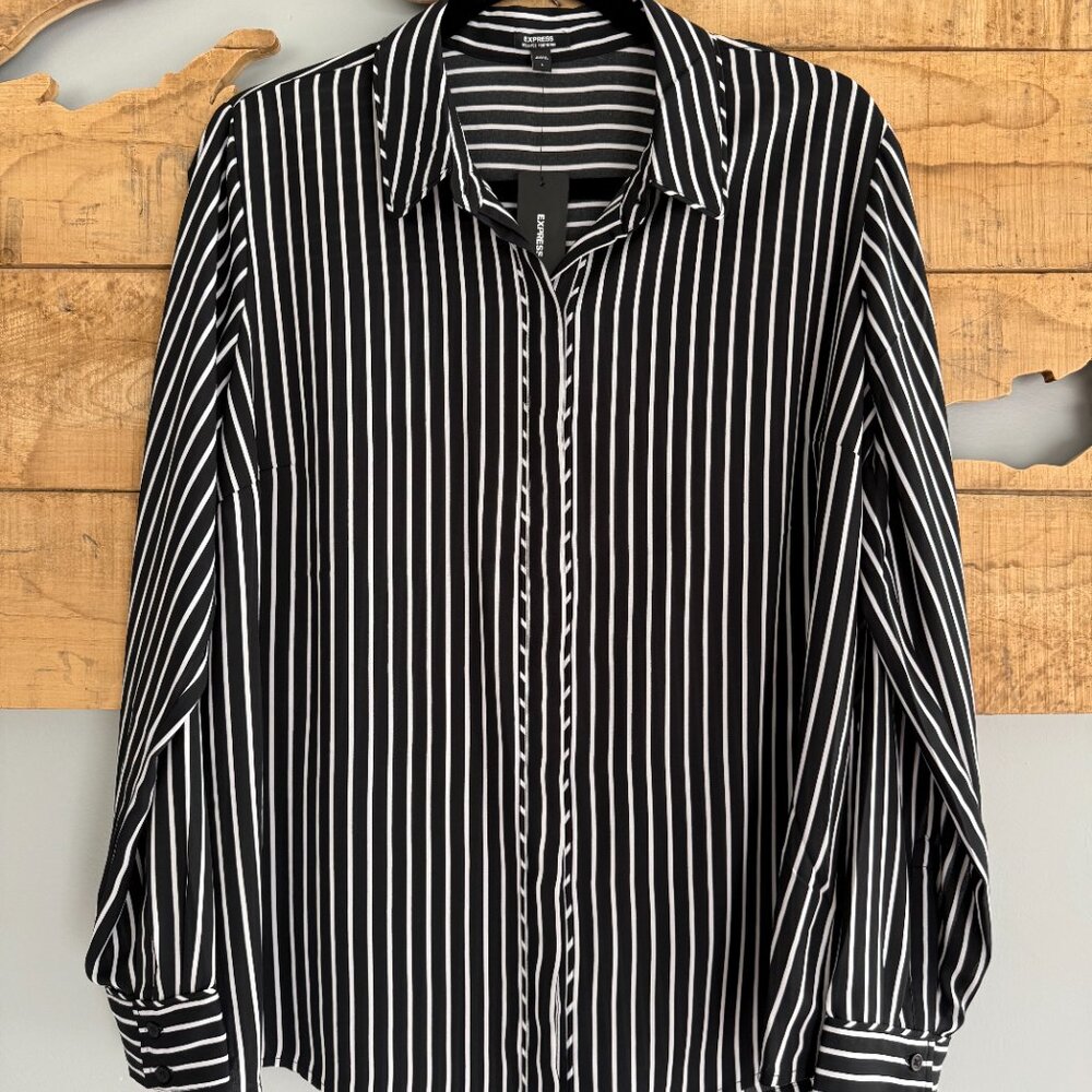 Silky Portofino Shirt from Express – Black and White Stripe, Size Large, New